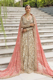 Net Gown Lehenga Dupatta Golden Bridal Dress Pakistani