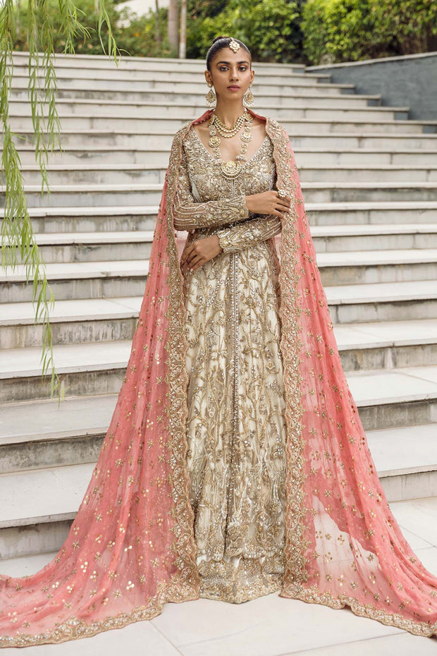 Premium Pakistani Bridal Dresses - Golden Gown & Lehenga Set Nameera by Farooq Premium Pakistani Bridal Dresses - Golden Gown & Lehenga Set Nameera by Farooq