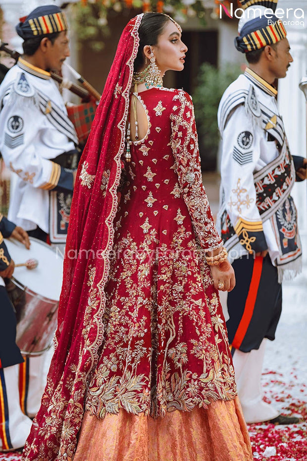 Net Red Kameez Lehenga Dress in Brocade Fabric Online
