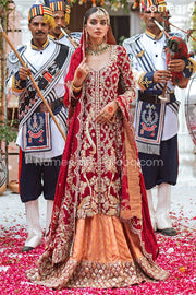 Net Red Kameez Lehenga Dress in Brocade Fabric