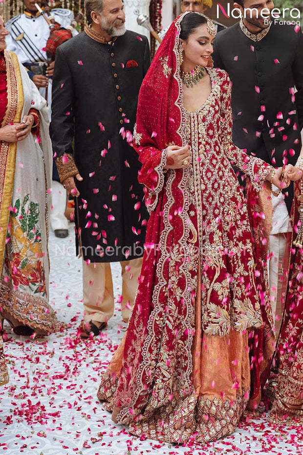Net Red Kameez Lehenga Dress in Brocade