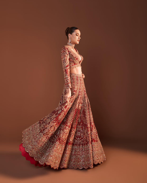 Net Red Lehenga Choli Blouse for Indian Bridal 