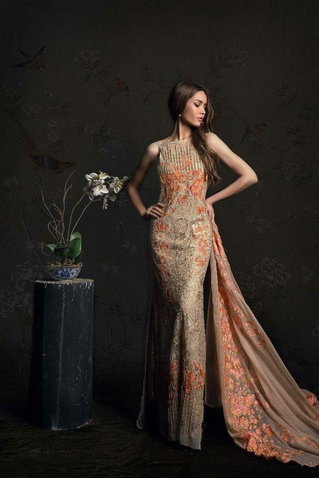 Net Chiffon Thread work Rust Orange Dress by Sana Safinaz