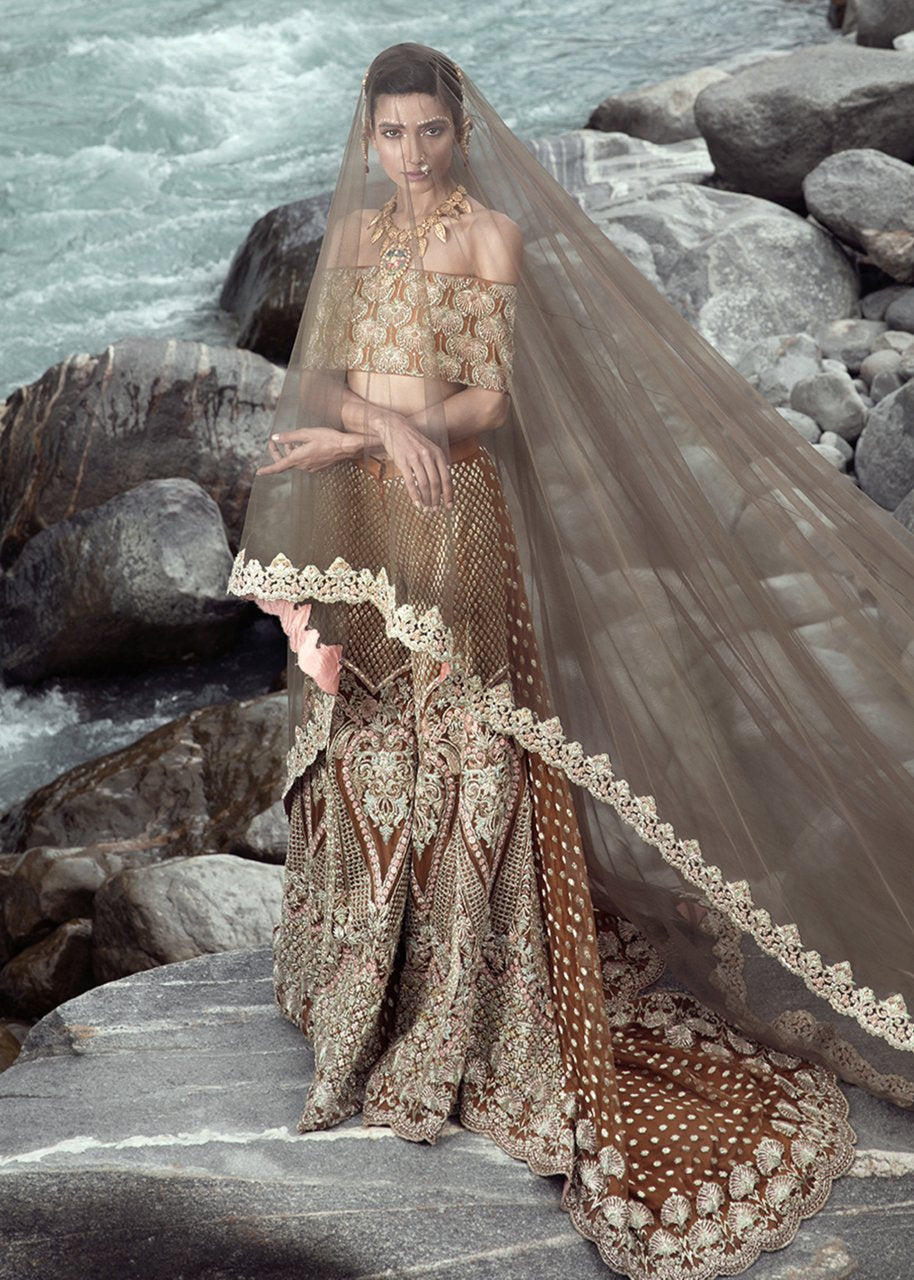 Net embroidered bridal outfit in rust orange color for wedding wear # B3414