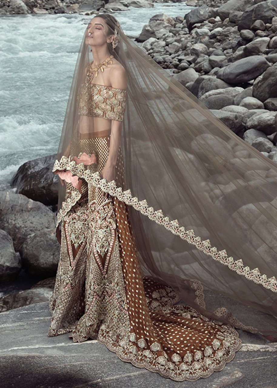 Net embroidered bridal outfit in rust orange color for wedding wear # B3414