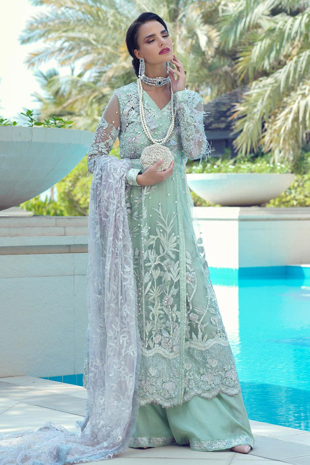 Latest designer net embroidered party outfit in mint green color # P2434