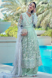 Latest designer net embroidered party outfit in mint green color