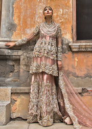 Latest net embroidered peshwaz for wedding wear in tea pink color # B3396