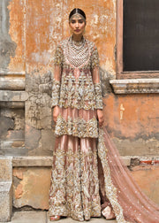 Latest net embroidered peshwaz for wedding wear in tea pink color