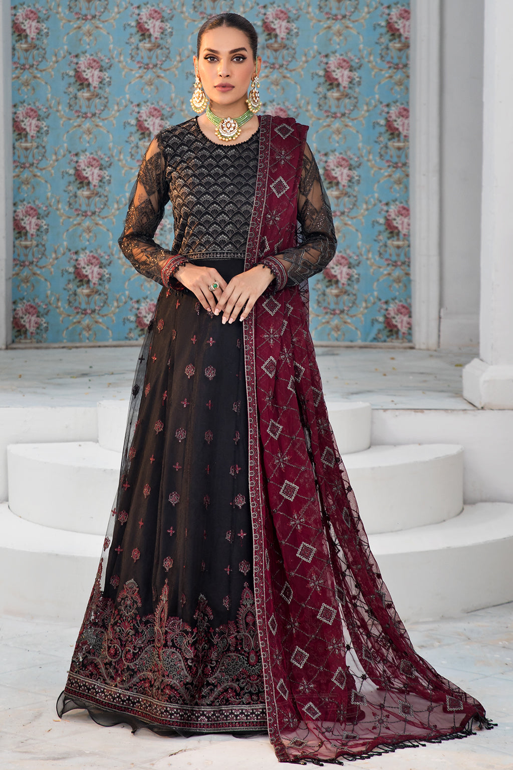 New Black Pakistani Frock with Maroon Contrast Party Wear 2023