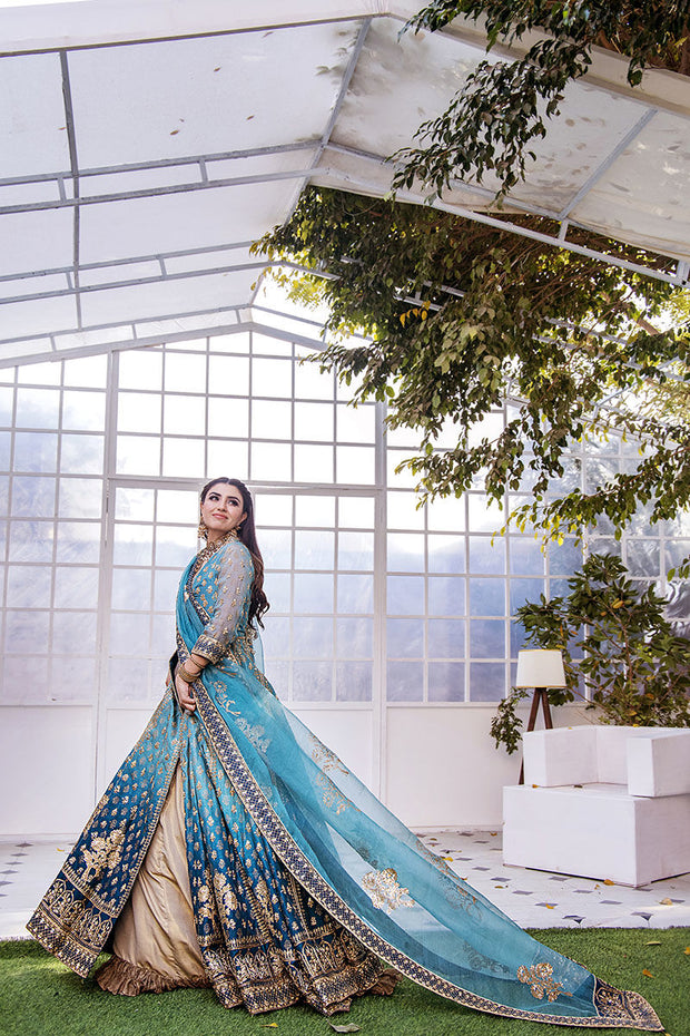 New Blue Kalidar Hand Embellished Pishwas with Dupatta Wedding Dress 2023