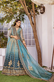 New Blue Kalidar Hand Embellished Pishwas with Dupatta Wedding Dress