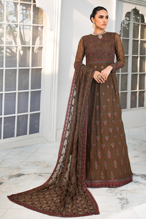 New Brown Pakistani Embroidered Frock with Dupatta Party Wear