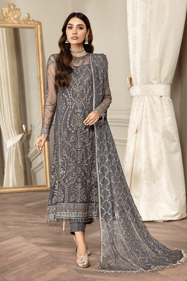 New Grey Long Embroidered Kameez in Capri Style Party Wear