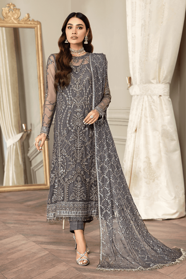 New Grey Long Embroidered Kameez in Capri Style Party Wear