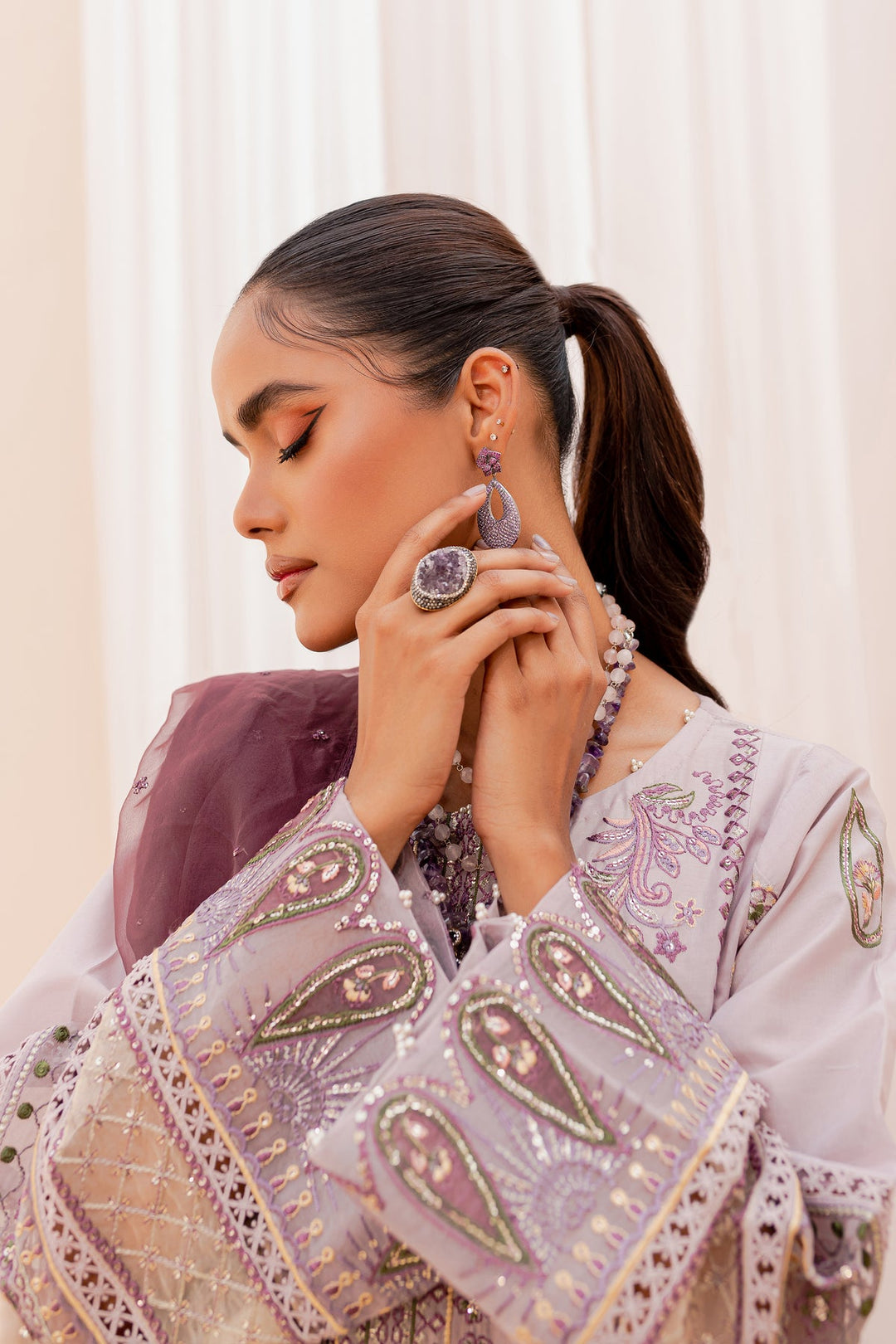 New Long Paneled Lilac Kameez with Trousers Pakistani Party Dress 2023