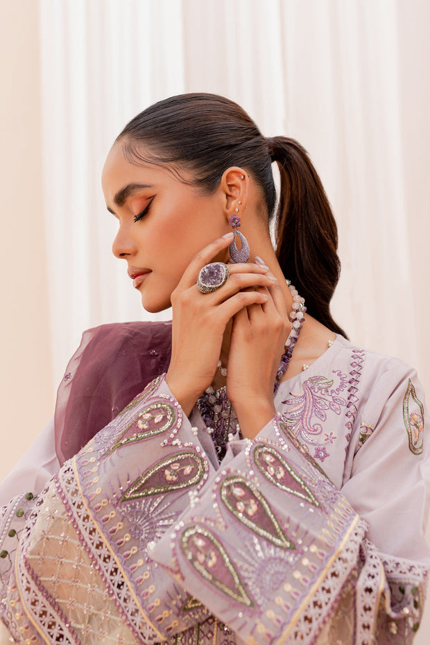 New Long Paneled Lilac Kameez with Trousers Pakistani Party Dress 2023