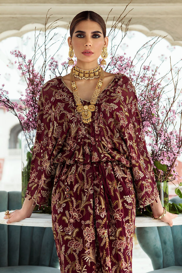 New Maroon Embroidered Chiffon Pakistani Long Shirt Eid Dress 2023