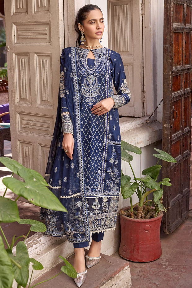 New Pakistani Eid Dress in Blue Embroidered Long Kameez Trousers