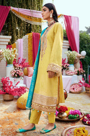 New Pakistani Eid Dress in Yellow Kameez Trousers and Blue Dupatta