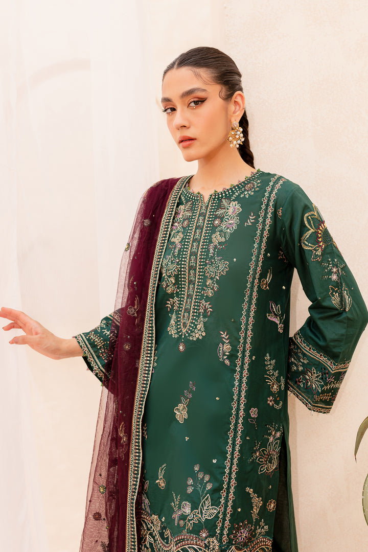 New Pakistani Embellished Lawn Kameez Trousers in Bottle Green Color