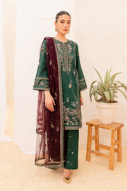New Pakistani Embellished Lawn Kameez Trousers in Bottle Green Color 2023