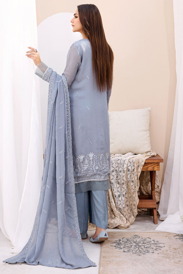 New Pakistani Embroidered Grey Kameez with Trousers Eid Dress