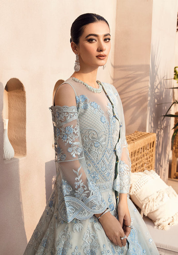 New Pakistani Embroidered Ice Blue Pishwas with Dupatta Party Wear 2023
