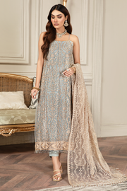 New Pakistani Embroidered Sky Blue Kameez in Capri Style Party Wear
