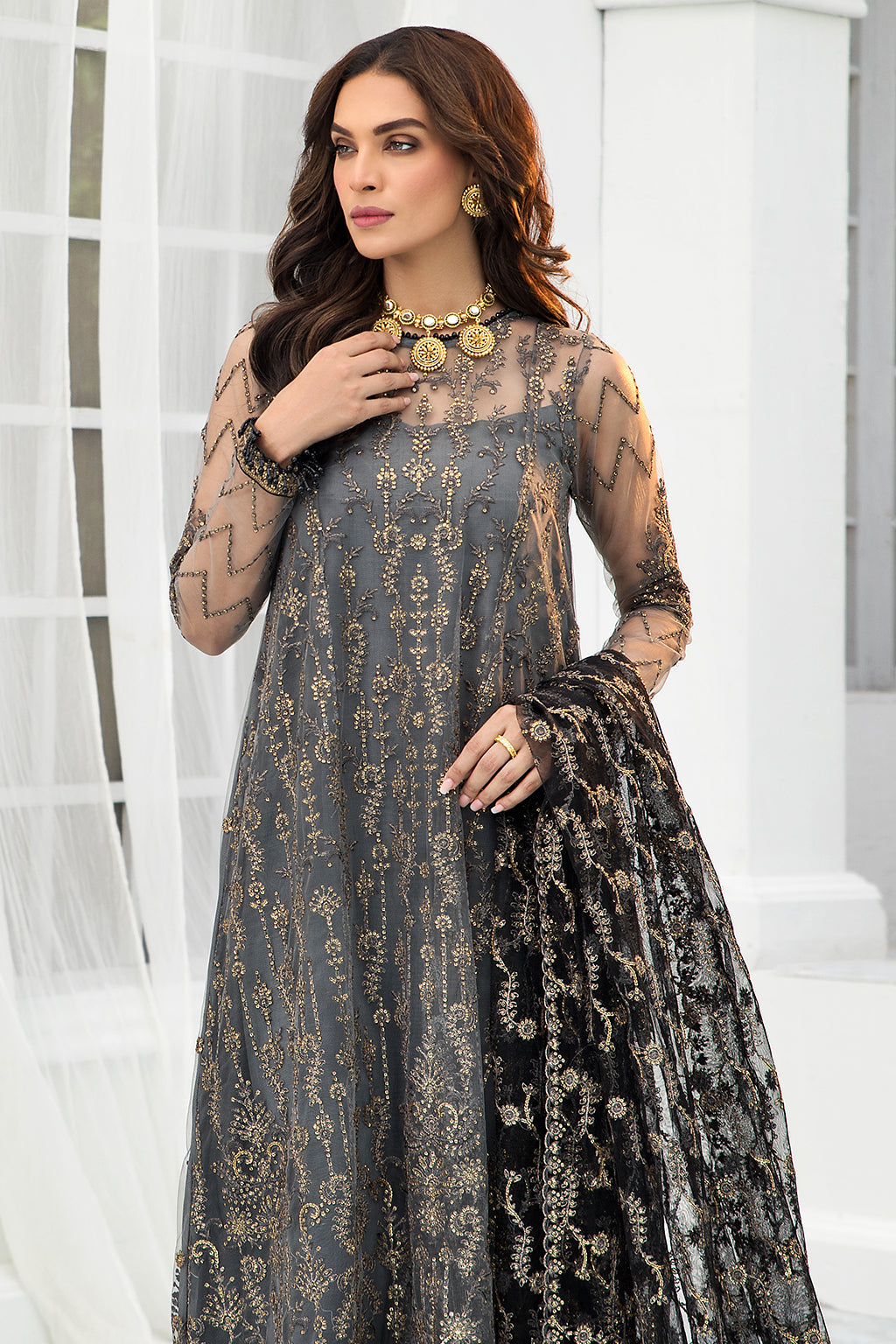 New Pakistani Graphite Embroidered Kameez Capri Party Wear
