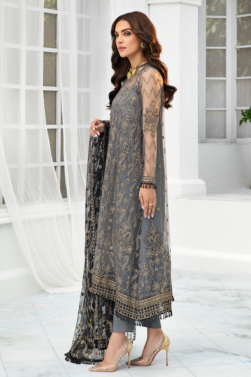 New Pakistani Graphite Embroidered Kameez Capri Party Wear 2023