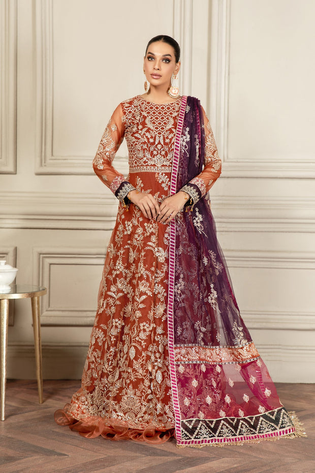 New Pakistani Long Frock with Dupatta in Orange Color 2023