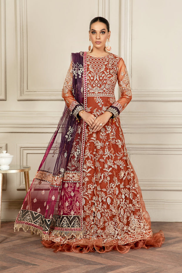 New Pakistani Long Frock with Dupatta in Orange Color