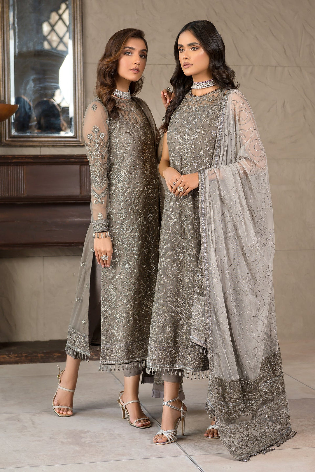 New Pakistani Long Kameez and Capri Party Wear in Greyish Black 2023
