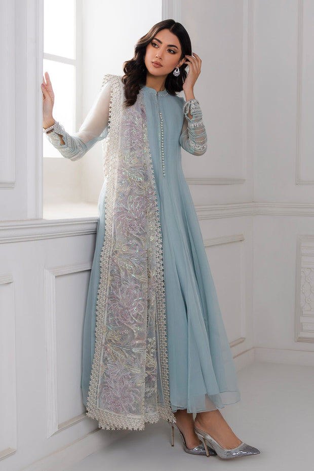 New Pakistani Party Frock With Dupatta In Sky Blue Color 2023