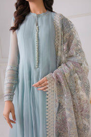 New Pakistani Party Frock With Dupatta In Sky Blue Color
