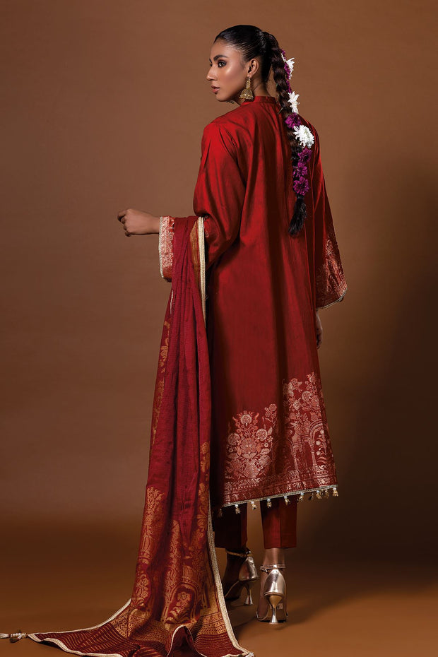 Pakistani Salwar Kameez Suit in Rusty Red Premium Jacquard