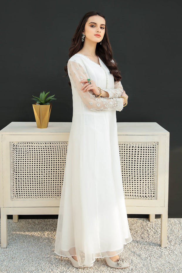 New Pakistani White Embroidered Long Frock Party Wear