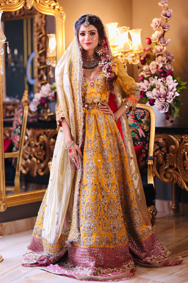 New Premium Pakistani Yellow Embroidered Lehenga Choli with Gold Dupatta