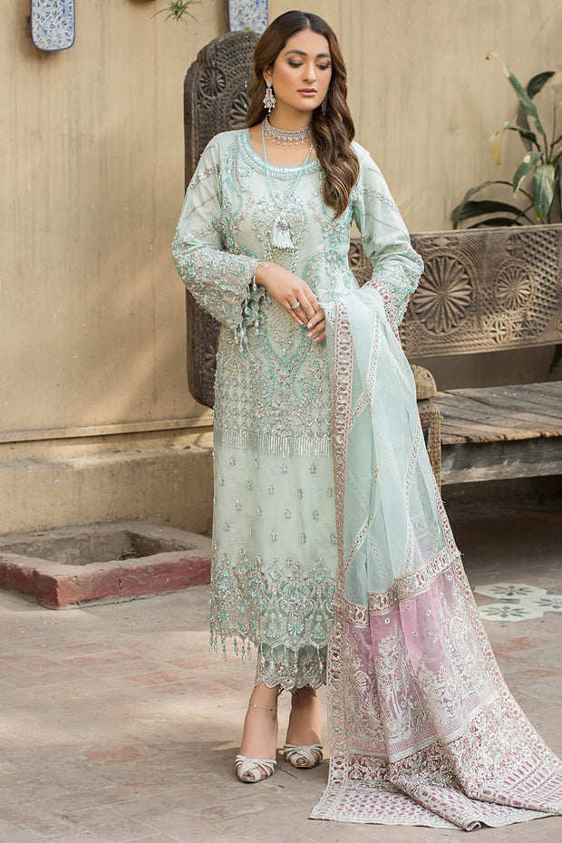 New Sky Blue Hand Embellished Kameez Trousers Pakistani Party Dress