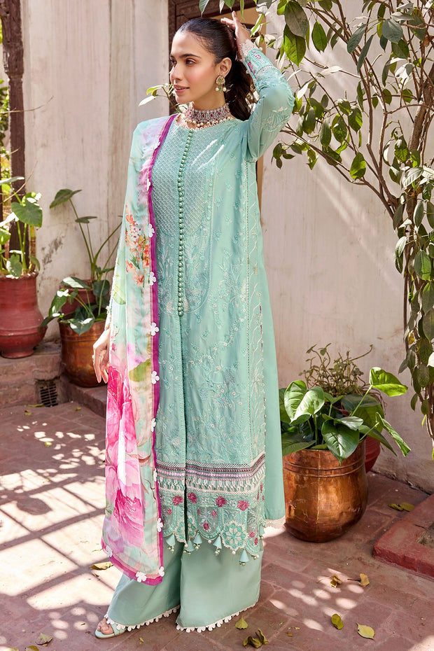 New Sky Blue Kameez with Trousers and Dupatta Embellished Eid Dress 2023