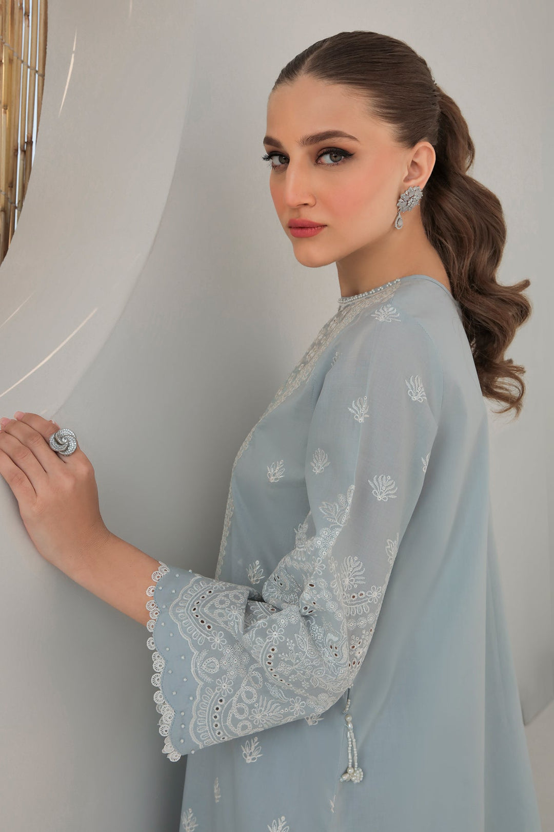 New Sky Blue Pakistani Traditional Kameez In Capri Style