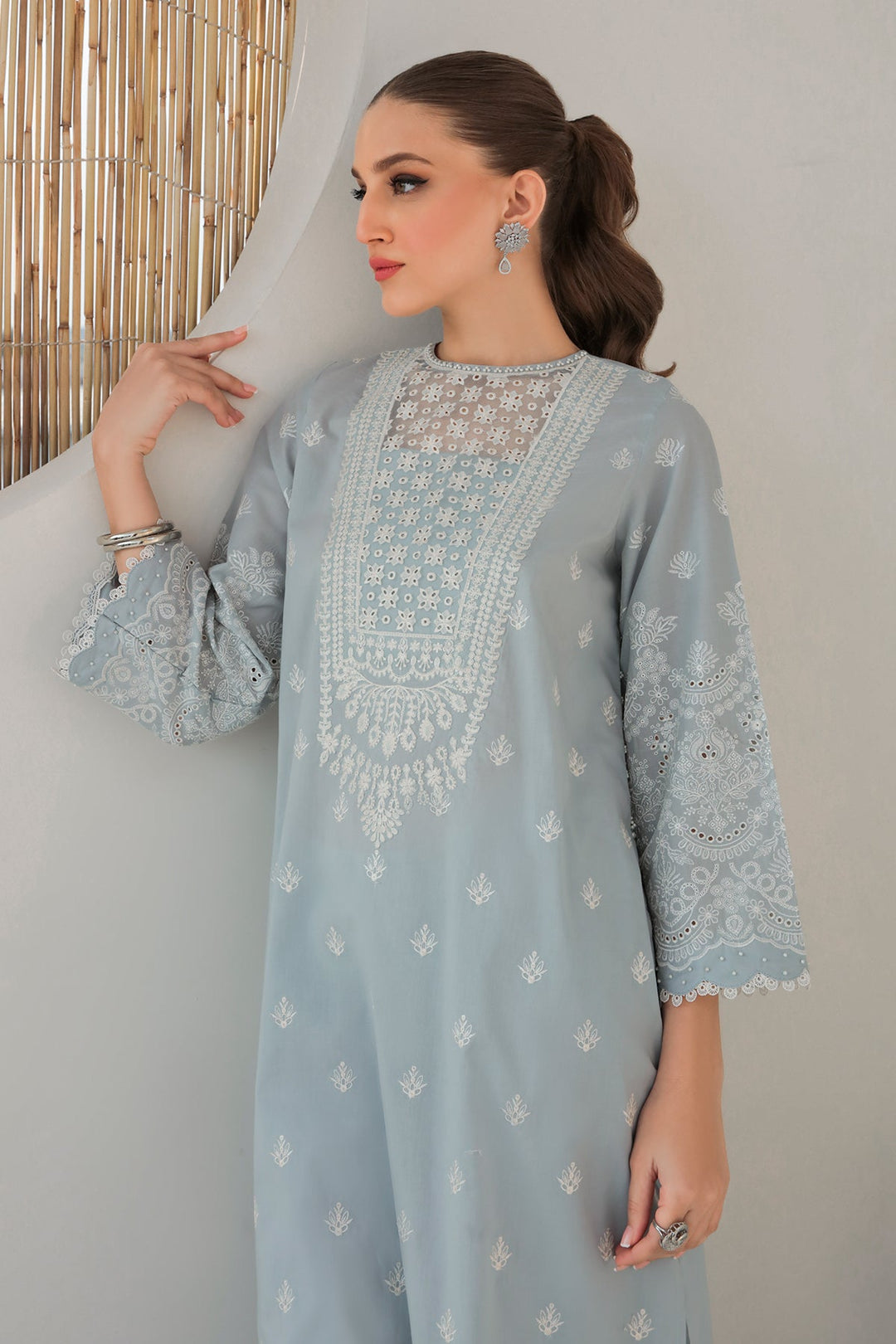 New Sky Blue Pakistani Traditional Kameez In Capri Style 2023