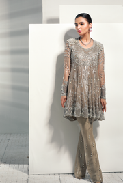 Nikah Peplum Dress with Zardozi Work in Gray Color