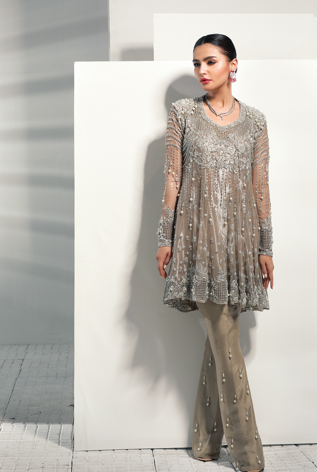 Nikah Peplum Dress with Zardozi Work in Gray Color Nameera by Farooq