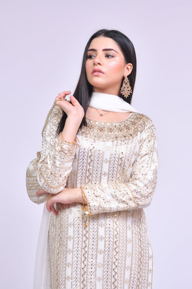 Off White Kameez Trouser Dupatta Pakistani Eid Dress Online