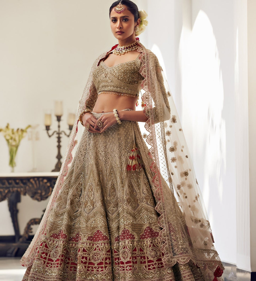 Off White and Red Pakistani Bridal Lehenga Choli for Weddings