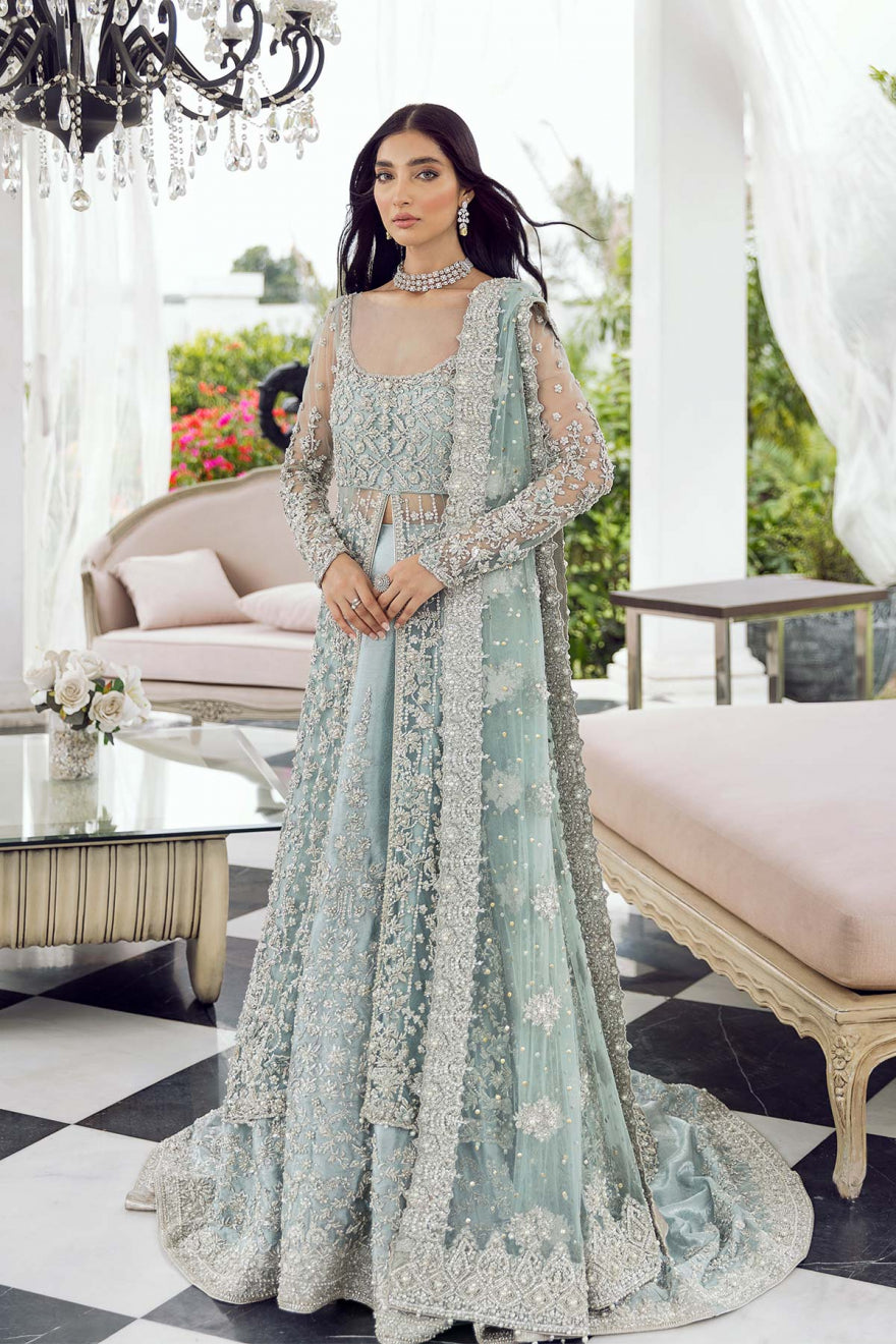 Elegant Blue Pakistani Bridal Dress - Open Gown Lehenga