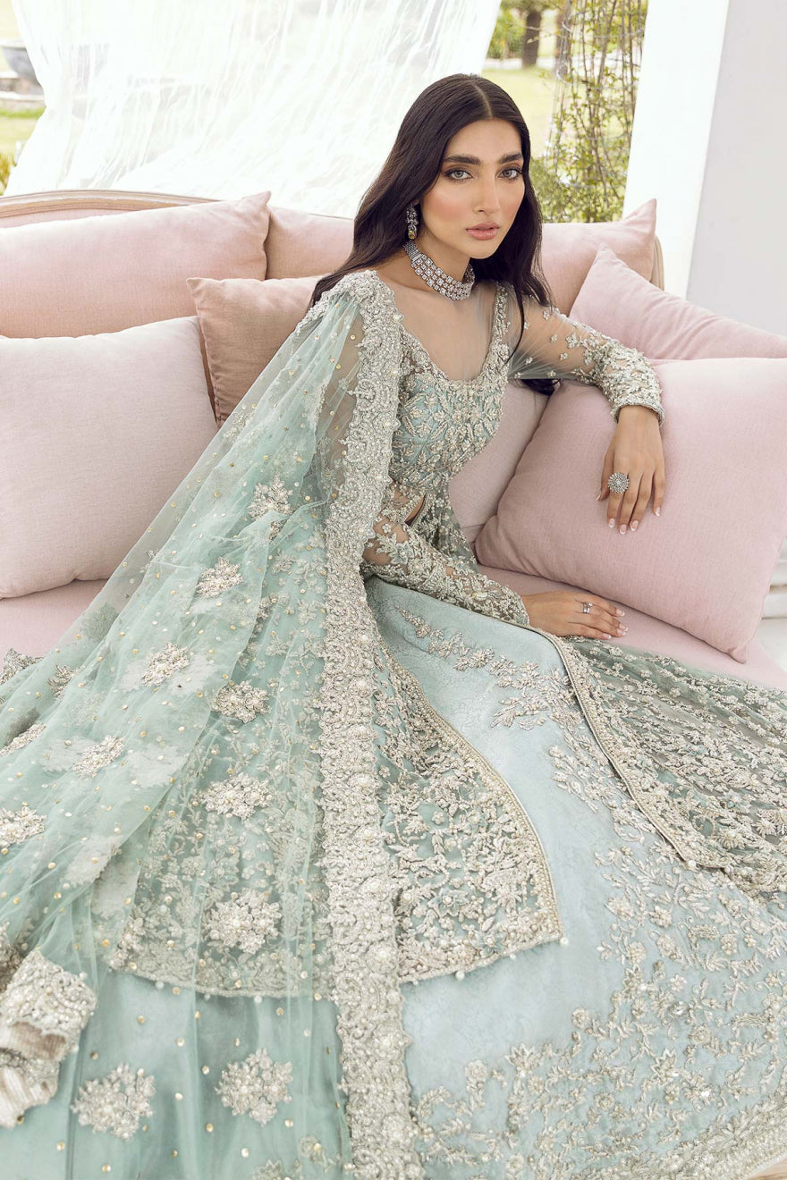 Elegant Blue Pakistani Bridal Dress - Open Gown Lehenga
