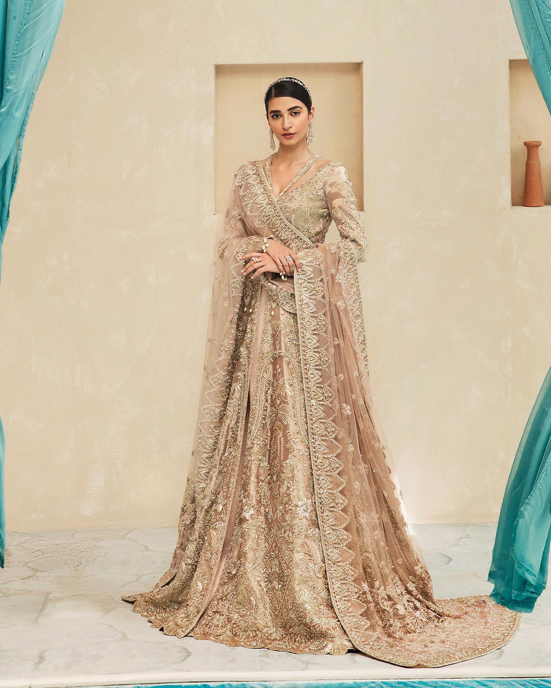 Elegant Open Pakistani Bridal Gown with Lehenga & Dupatta